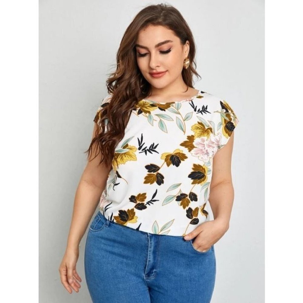 SHEIN Plus Batwing Sleeve Botanical Print Top Shirt Size 4XL